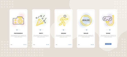 onboarding screen template for daily life activities mobile app ui with photography, party, jogging, dealer, diving icons.