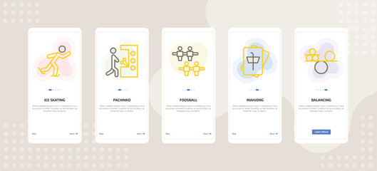 onboarding screen template for daily life activities mobile app ui with ice skating, pachinko, foosball, mahjong, balancing icons.