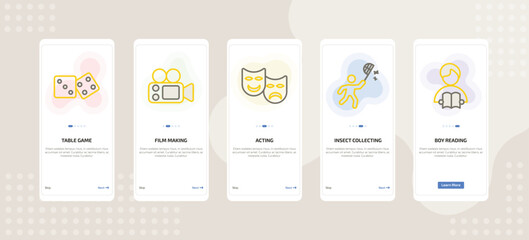 onboarding screen template for daily life activities mobile app ui with table game, film making, acting, insect collecting, boy reading icons.