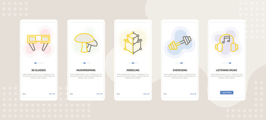 onboarding screen template for daily life activities mobile app ui with 3d glasses, mushrooming, modeling, exercising, listening music icons.