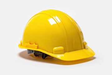 Fototapeta premium Bright yellow safety helmet displayed on a white background showcasing the importance of safety gear in construction and engineering environments