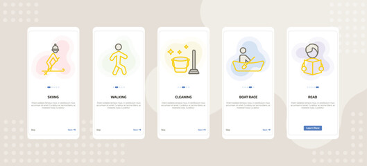 onboarding screen template for daily life activities mobile app ui with skiing, walking, cleaning, boat race, read icons.
