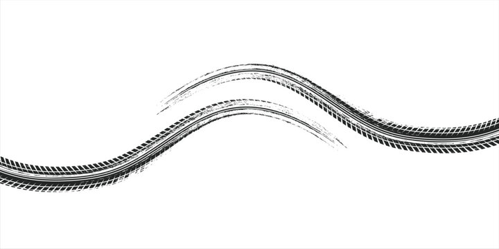 Tire trace track. Abstract wheels braking distances, tread silhouettes brushes. Isolated car or motorcycles vector trails. eps10 vector