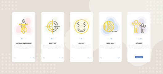 onboarding screen template for daily life activities mobile app ui with motorcycle riding, hunting, greedy, yarn ball, aerobic icons.