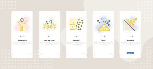 onboarding screen template for daily life activities mobile app ui with warming up, bird watching, dominoes, camp, downhill icons.