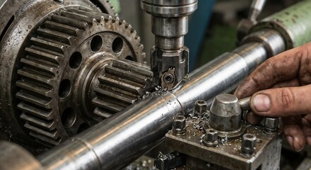 Worker operates machinery in a manufacturing workshop while machining a metal component during daytime