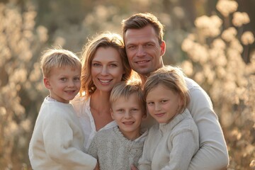 Fototapeta premium Happy family enjoying a sunny day outdoors with children smiling in cozy sweaters surrounded by nature in warm golden light