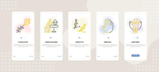 onboarding screen template for daily life activities mobile app ui with flying a kite, model building, freestyle, greeting, jump rope icons.