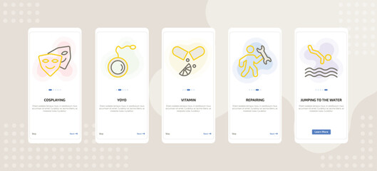 onboarding screen template for daily life activities mobile app ui with cosplaying, yoyo, vitamin, repairing, jumping to the water icons.