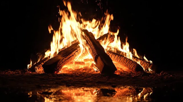 Crackling wood fire creates a vibrant display of flames and embers, casting a warm and inviting light in the deep darkness