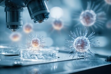Virus and bacteria research takes place in a modern medical lab with advanced equipment focusing on microscopic studies of microorganisms