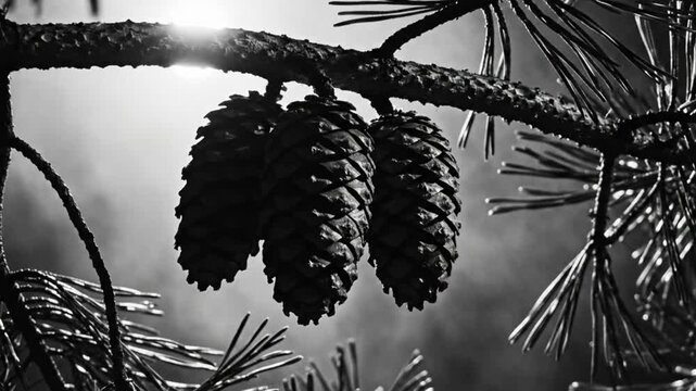 Black and white close up of three pine cones hanging from a tree branch in front of a hazy sun.