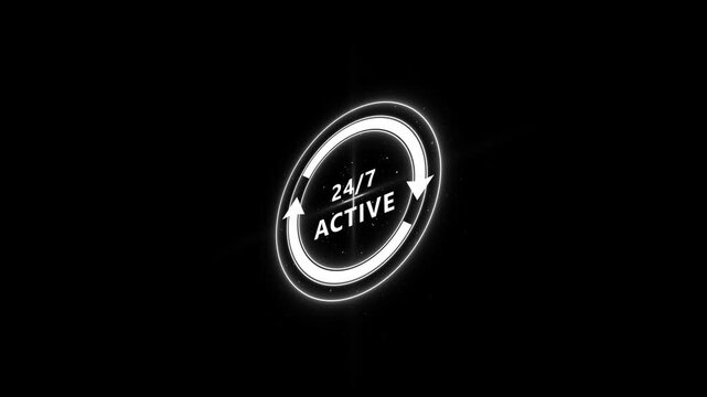 24/7 Active Neon Sign with Rotating Arrows on Black Background glowing text