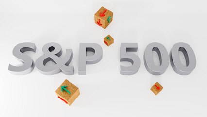 S and P 500 index symbol. Wooden blocks displaying S and P 500 and directional arrows indicating market trends with green and red symbols. On a table with a white background. 3d rendering