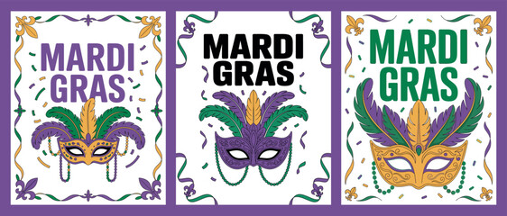 Obraz premium Mardi Gras Masks with Feathered Design and Colorful Confetti