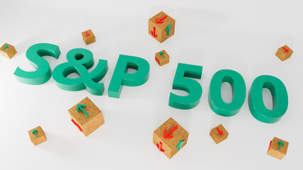 S and P 500 index symbol. Wooden blocks displaying S and P 500 and directional arrows indicating market trends with green and red symbols. On a table with a white background. 3d rendering