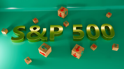S and P 500 index symbol. Wooden blocks displaying S and P 500 and directional arrows indicating market trends with green and red symbols. On a table with a white background. 3d rendering