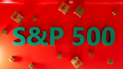 S and P 500 index symbol. Wooden blocks displaying S and P 500 and directional arrows indicating market trends with green and red symbols. On a table with a white background. 3d rendering