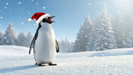 Fototapeta premium Penguin wearing a Santa hat stands in snowy landscape with trees during winter season singing Christmas carols