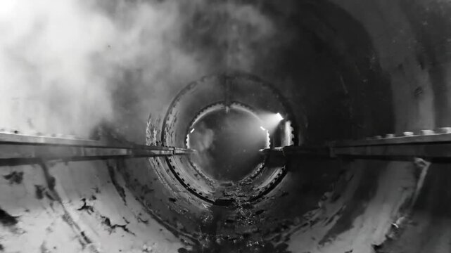 Low Angle Inside a Dark Concrete Tunnel with Square Lights and Fog, Grungy Industrial Environment