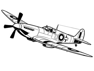 British Supermarine Spitfire WWII fighter plane line art, vintage military aircraft vector illustration