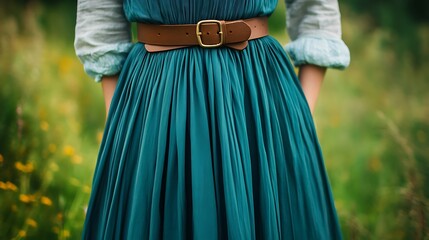 Close up detail of a woman wearing a flowing teal pleated dress cinched at the waist with a wide brown leather belt in a soft summer field.