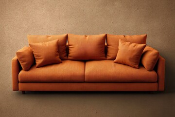 A modern orange sofa with pillows in a minimalist beige interior setting viewed from the front.