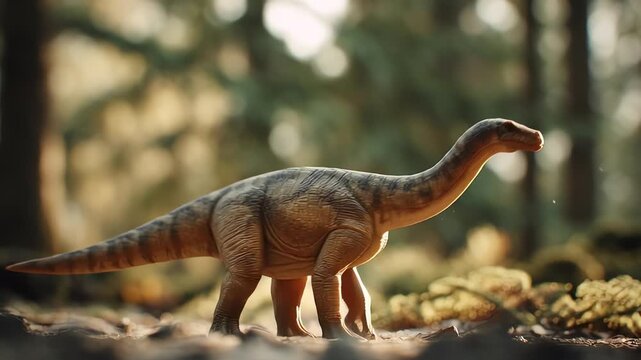 Sunlit sauropod dinosaur walking through forest floor.