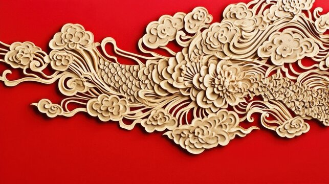Golden relief dragon-cloud on red background