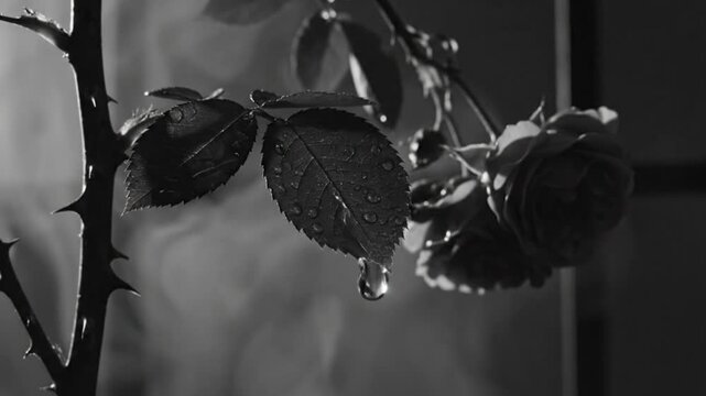 Black and white close up of a rose with thorns and water droplets dripping from leaves