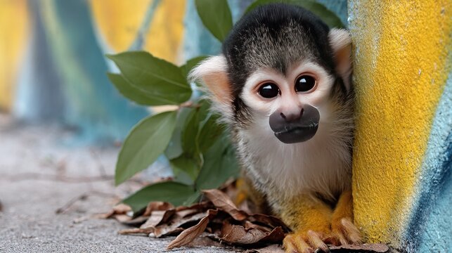 A common squirrel monkey sits beside a vibrant yellow and blue painted wall surrounded by green leaves and dry foliage