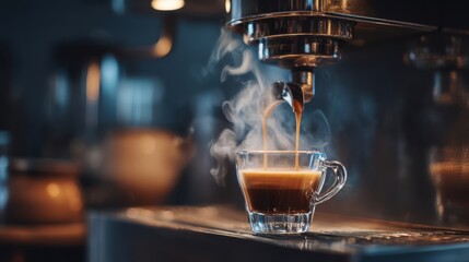 Espresso coffee pouring from machine, barista cafe closeup