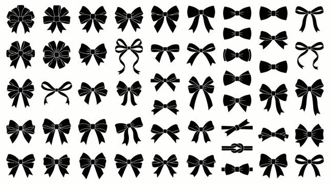 Diverse set of decorative black ribbon bow knot silhouettes in seamless vector pattern isolated on white, concept for gift wrapping, holiday decoration and celebration design