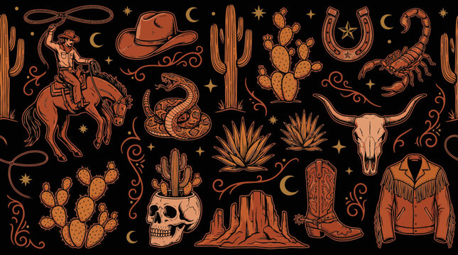 Vintage seamless pattern of wild west elements, featuring cowboy, steer skull, cactus plants and reptile dangers, concept for textile design, fabric printing and rodeo posters