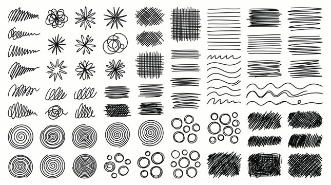 Diverse set of black vector scribble lines, hatching patterns, spirals and circles on isolated white background, concept for graphic design assets, texture overlays and artistic decoration