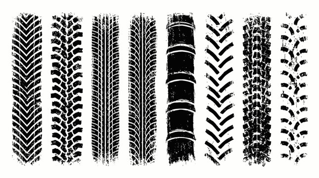 Detailed black grunge tire track marks set showcasing various vehicle treads on a white background, concept for rugged advertising, racing promotions and industrial graphic design