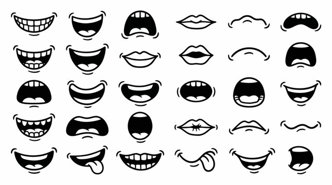 Collection of various black and white cartoon mouths and lip gestures illustrating different human expressions, concept for character animation, comic book art and avatar design