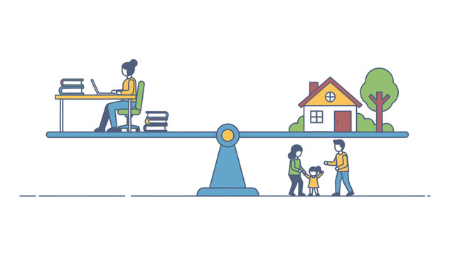Work life balance concept illustration woman working at desk family with house on a seesaw graphic