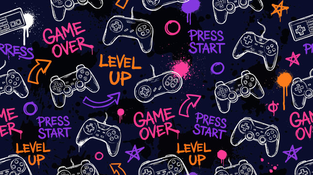 Seamless pattern of sketchy video game controllers and vibrant graffiti text on a dark background, showcasing grunge aesthetics, concept for textile design, merchandise packaging and digital wallpaper