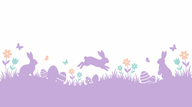 Purple Easter bunny and egg silhouette border on a grassy meadow with pastel spring flowers and butterflies, concept for holiday invitations, greeting cards and website banners