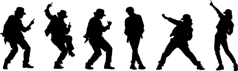 black silhouettes of people dancing in different poses, energetic movement set, modern dance culture illustration isolated on white background.