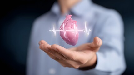 Human hand holds glowing heart with digital EKG pulse