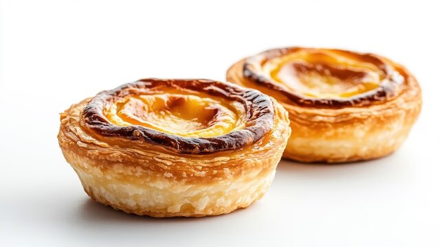 Pastel de nata isolated on a clean white background, highlighting the golden crust and creamy filling details.