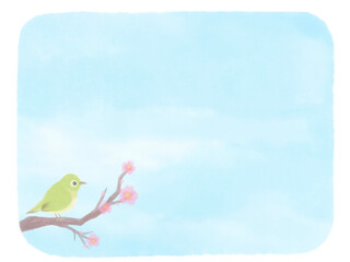 メジロと桜の水彩風手書き背景