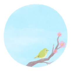 メジロと桜の水彩風手書き背景