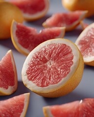 Fresh pink grapefruit slices arranged on a blue surface