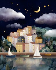 Peaceful coastal town at night with moon and sailboats