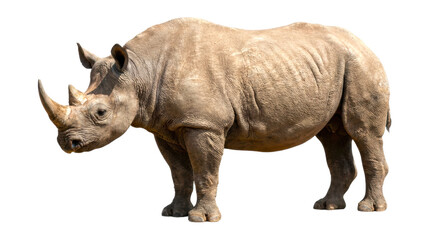 Obraz premium Large black rhinoceros with two horns stands in a full-length side profile view, showcasing its thick, wrinkled gray skin and powerful, majestic build