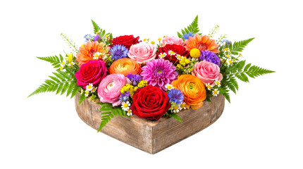 Vibrant colorful flower arrangement in a rustic heart-shaped wooden box featuring fresh roses, dahlias, ranunculus, and cornflowers with dewy water droplets on the petals