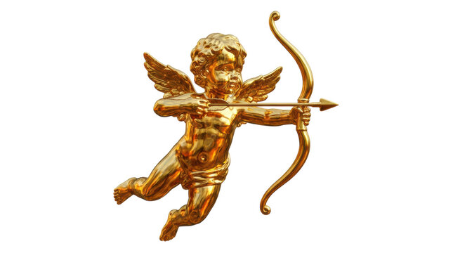 Highly detailed golden cupid cherub statue with ornate wings flies while aiming a bow and arrow in a classic mythological representation of love and romance